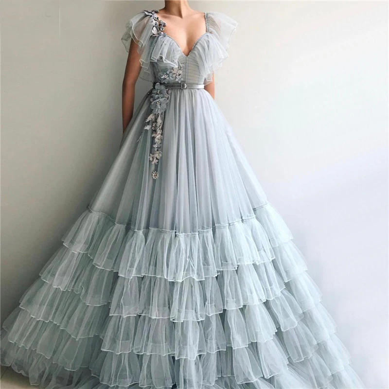 Latest Design Grey V-Neck Sexy Evening Dresses 2020 Sleeveless A-Line Handmade Flowers Formal Dress (1)