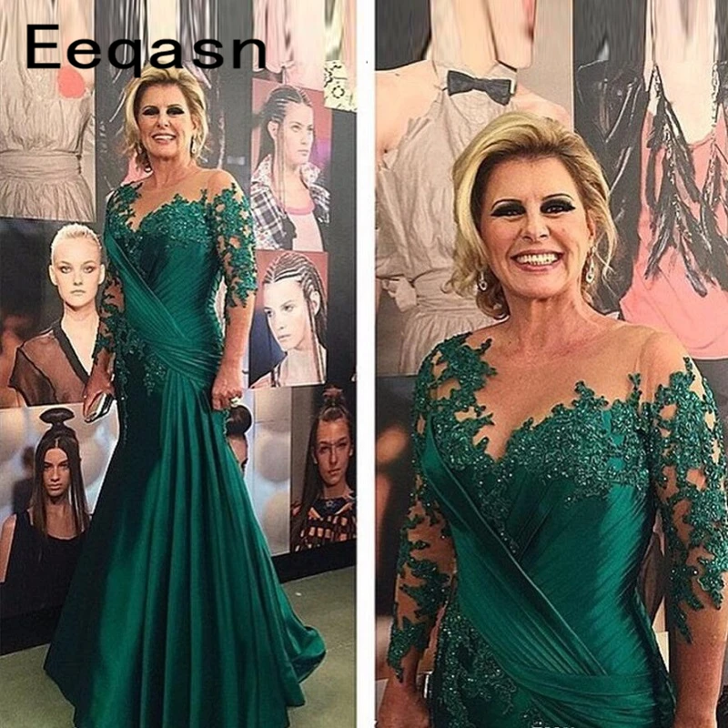 

Vintage Emerald Green Mother of the Bride Dress Long Sleeve Lace Applique Satin Evening Wedding Party Dress 2019 Plus Size