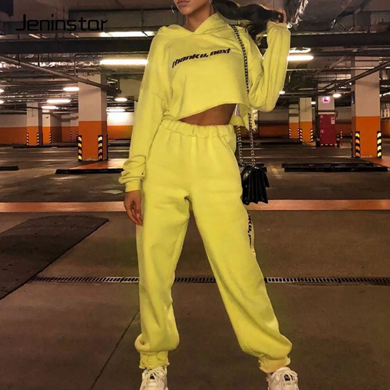 

Jeninstar Autumn Letter Print Hooded Two Piece Set Casual Loose Sexy Crop Top and Pants Set Fashion High Waist Women Tracksuits