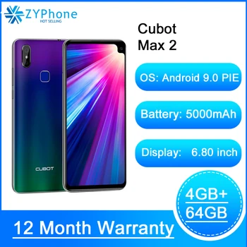 Перейти на Алиэкспресс и купить Cubot Max 2, Android 9,0, Восьмиядерный, 6,8 дюйма, 5000 мАч, смартфон Corning Gorilla Glass Type-C, 4 Гб 64 ГБ, двойная камера, 12 Мп, 4G LTE, Face ID