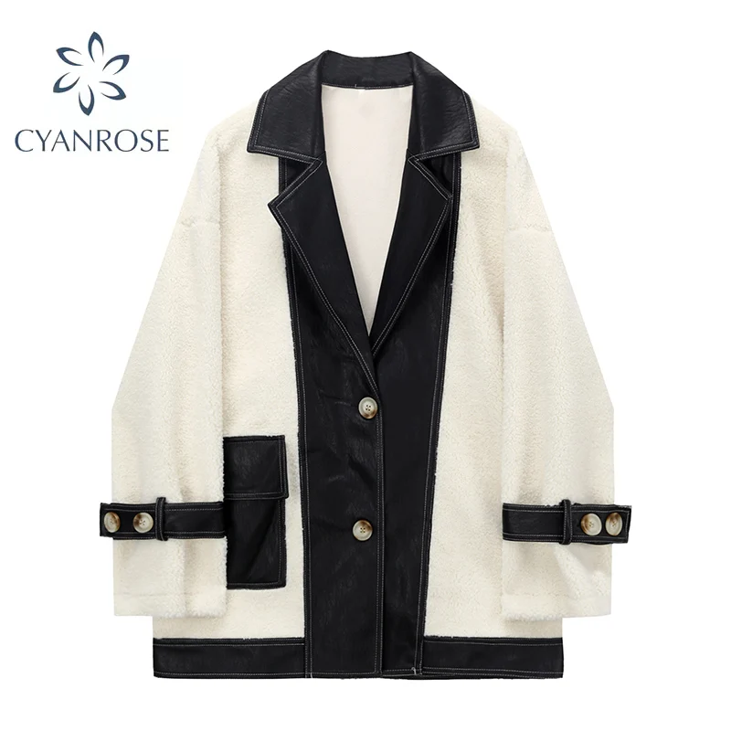 Куртка женская оверсайз с отложным воротником теплая уличная одежда из овечьей