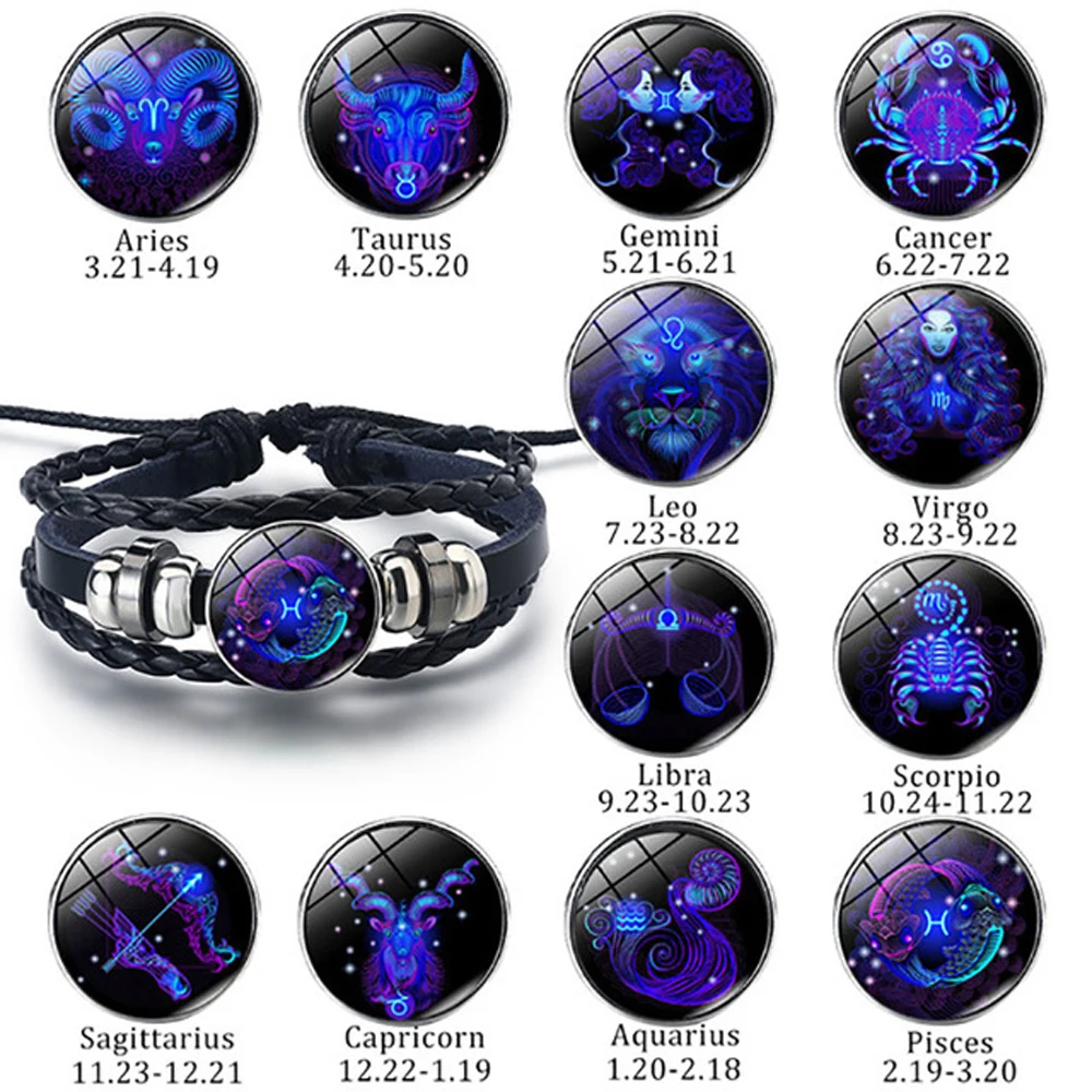 12 Constellation Zodiac Sign Black Braided Leather Virgo Libra Woven Glass Dome Jewelry Punk Couple Men Bracelet Gift Wholesale | Украшения