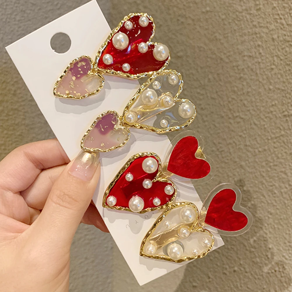 Милая Красная заколка для волос с искусственным жемчугом в форме сердца