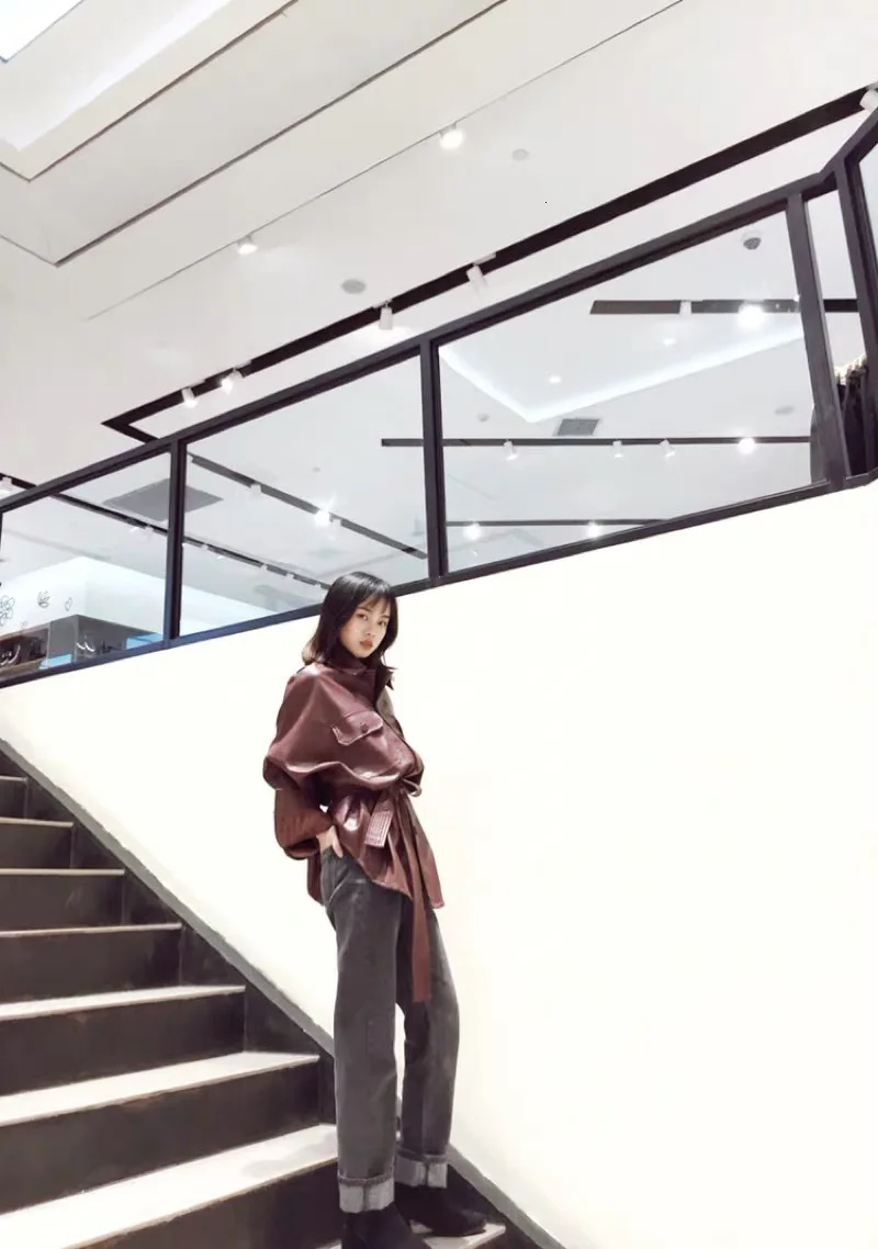 SHENGPALAE New Fashion Autumn Solid Loose With Belt Slim Jacket Women Single Breasted Pocket Korean Version PU Coat FT929