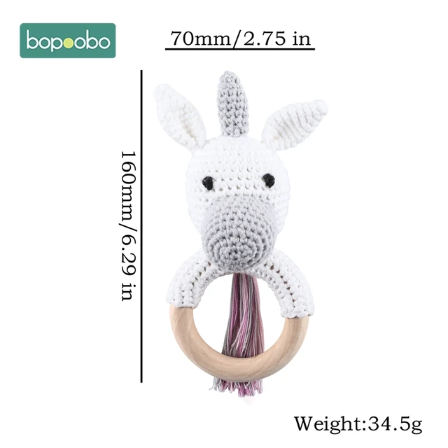 Bopoobo 1pc Baby Rattles Crochet Bunny Rattle Toy Wood Ring Baby Teether Rodent Baby Gym Mobile Rattles Newborn Educational Toys Unicorn