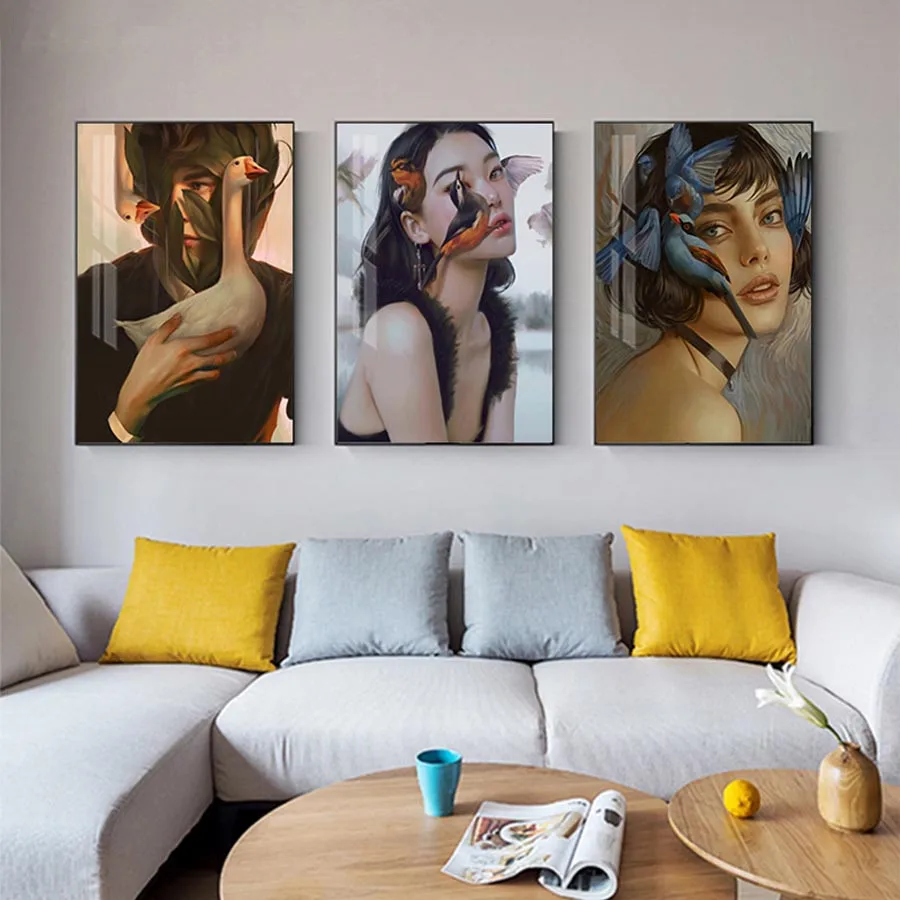 Nordic Diamond Painting woman and birds Full Square round Diamond Mosaic sale 3 pcs 5D DIY Diamond Embroidery Rhinestone Decor_副本