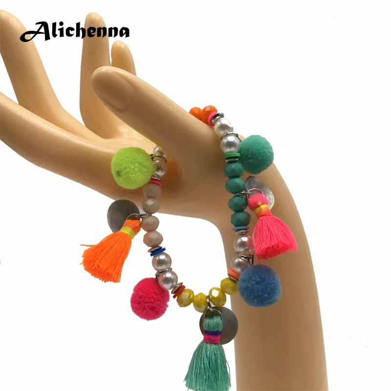 Красочный браслет со стразами ювелирные изделия богемные Boho PompomTassel модный браслет для женщин эффектный винтажный браслет с брелоками