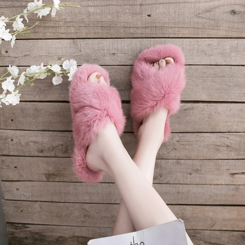 

Slippers Fur Women Shoes 2019 Luxury Slides Butterfly-knot Plush New Flat Designer Soft Fashion PU Rubber Basic Women's
