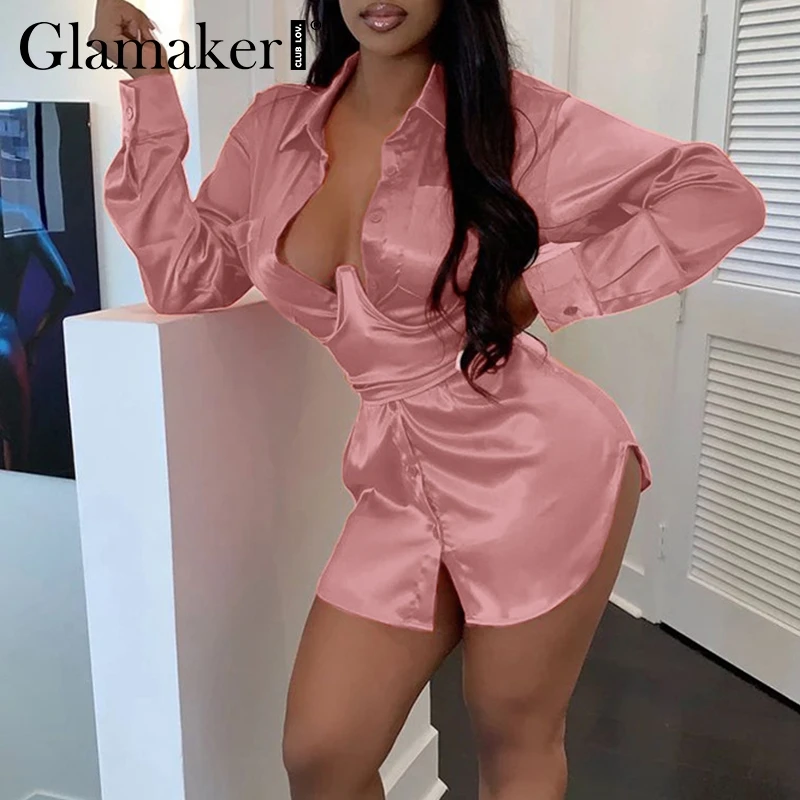 Розовый Glamaker, сексуальные короткие вечерние платья-рубашки из сатина, женское мини облегающее платье с длинным рукавом, Осеннее элегантное женское Клубное платье на шнуровке - Цвет: Розовый
