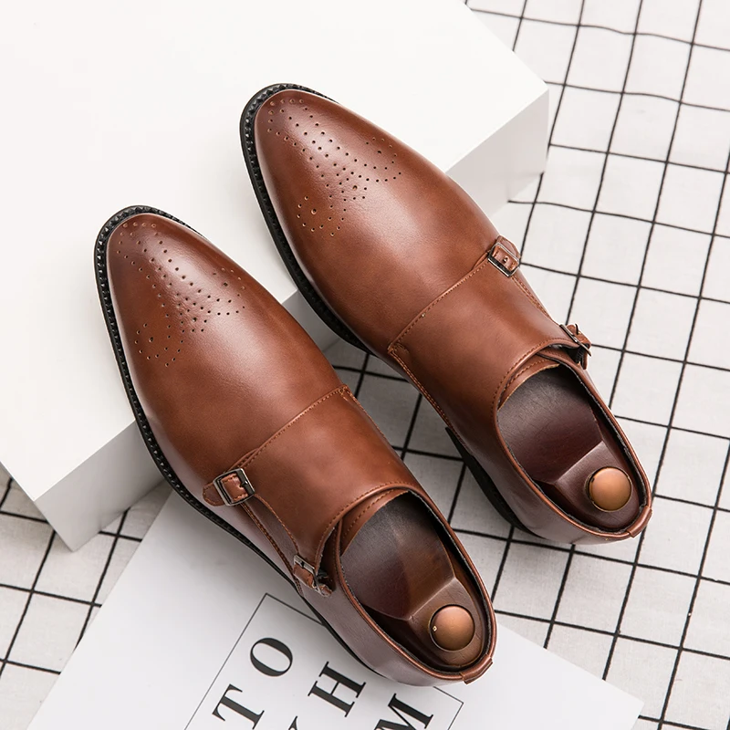 2020 New fashion European Brown Monk Strap Slip on Genuine Leather Shoe Business Handmade Dress Brogue Shoes for Men Casual shoe | Обувь