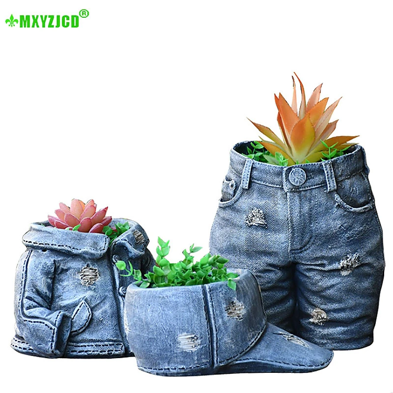

Denim Clothes Pants Resin Flower Pot Garden Creative Flower Pot Ornament Hat Flower Arrangement Container Craft Gift