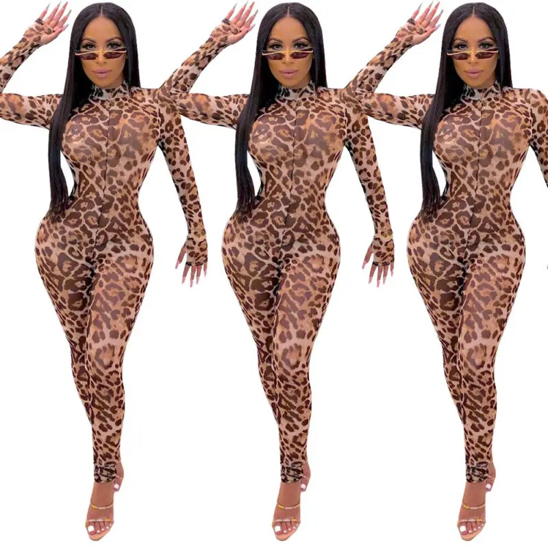 

Perspective Mesh Leopard Jumpsuits for Women Sexy Bodycon Skinny Turtleneck Long Sleeve Playsuit Printed Romper Jumpsuits