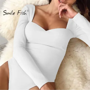 

Fall Winter Body Femme Stretch Vintage Square Collar 2020 Long Sleeve Elegant Bodysuit Women Open Crotch Basic Sheer Tops M0378
