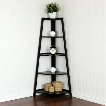 

Corner Shelf Stand Black Wood Display Storage Flower Pot Picture Organizer Shelf Magazine Book Show Home Decor Furniture 5 Tier