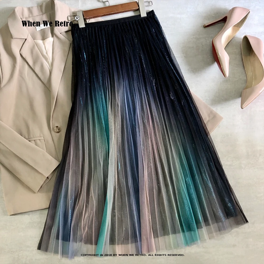 

2021 Spring Summer Bright Silk Long Skirt VD1947 Bling High Waist Yellow Mesh Pleated Skirt Jupe Femme