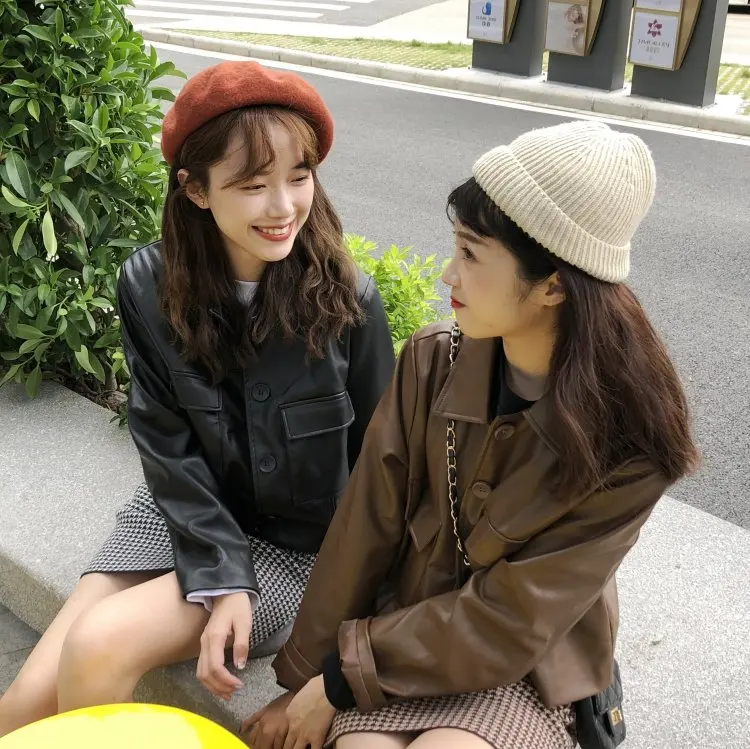 Осенняя Корейская шикарная Harajuku винтажная короткая простая кожаная куртка с отворотом Женская модная свободная однотонная Повседневная Женская куртка