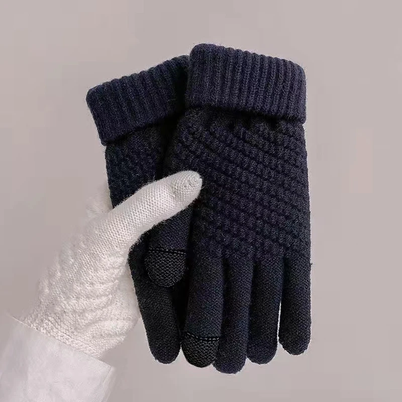 Unisex Knitted Full Finger Gloves Solid Touch Screen Mittens Two Fingers Exposed Thick Winter Warm Cycling Driving Gloves