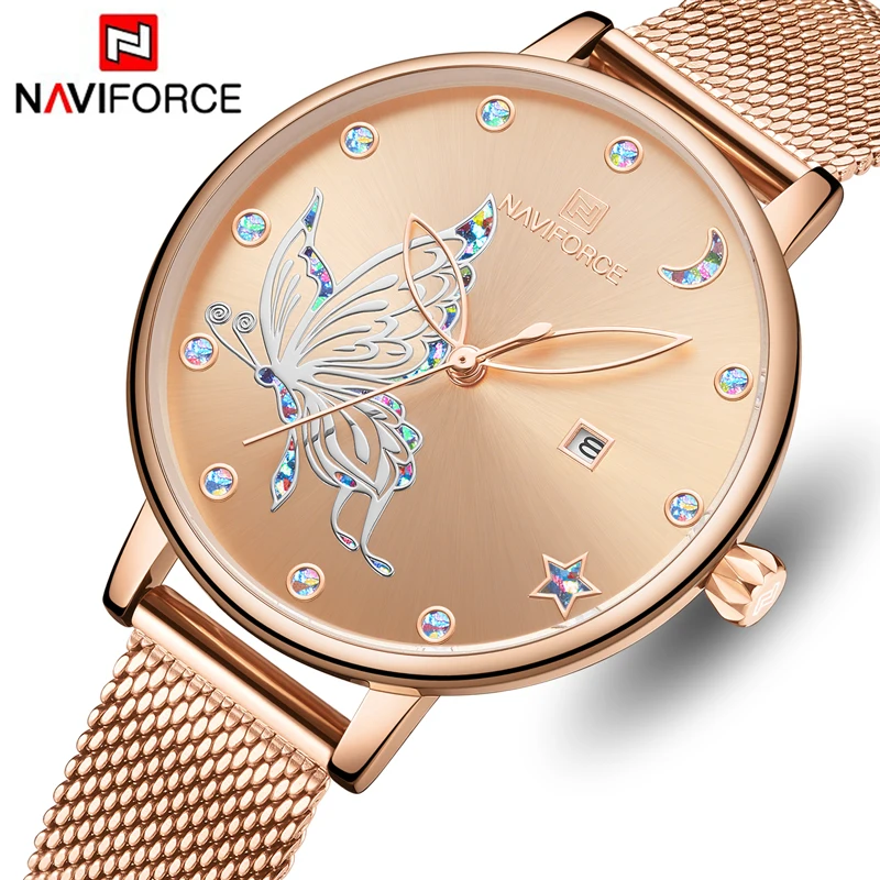 NAVIFORCE Лидирующий бренд Для женщин модные кварцевые часы охватывающая деталь из нержавеющей стали класса люкс Бизнес часы дамы Водонепроницаемый наручные часы с отметкой даты