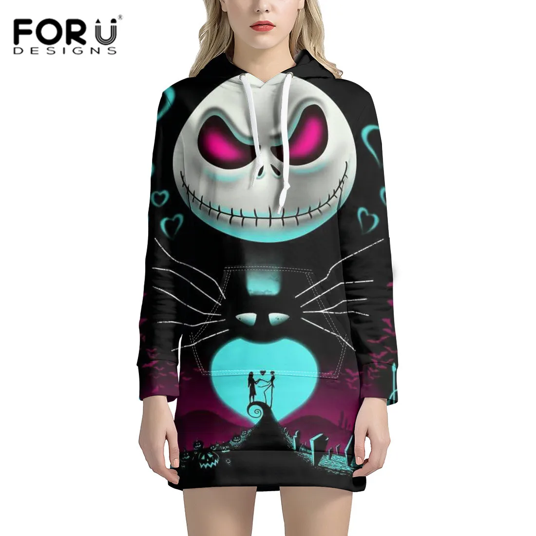 FORUDESIGNS кошмар перед рождественским принтом свитшот в готическом стиле с длинным рукавом и капюшоном теплые толстовки Женский пуловер Новинка Черная пятница