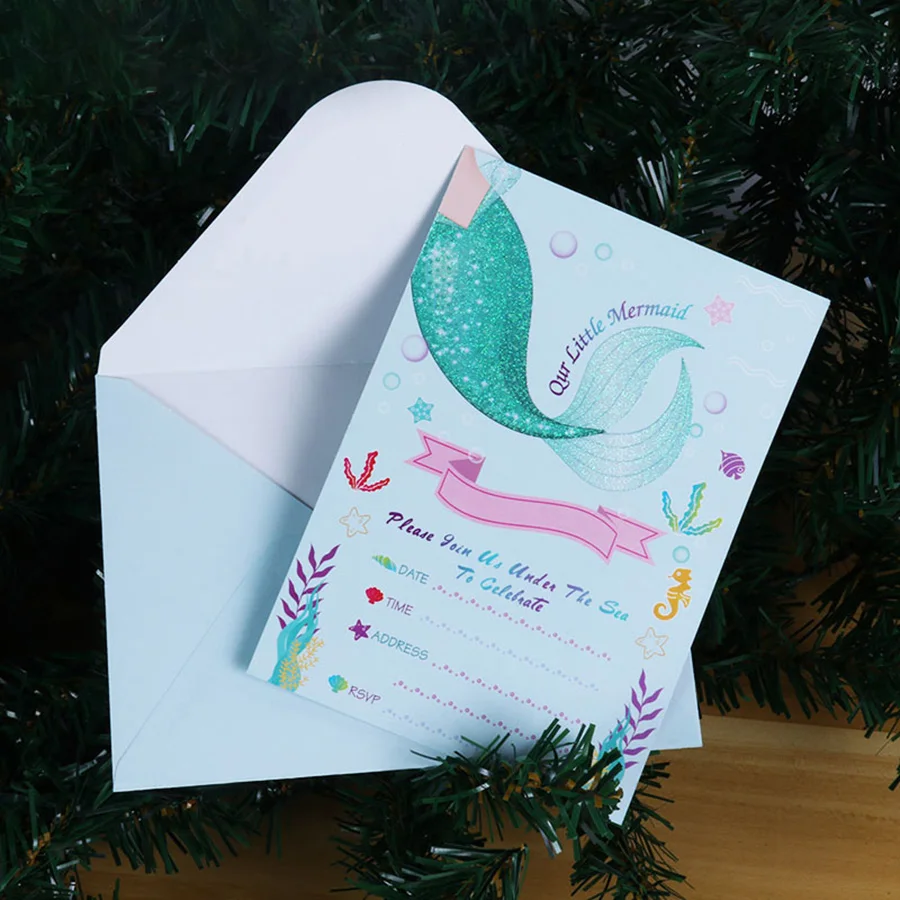 24pcs Little Mermaid Birthday Party Invitation Cards with Envelopes Baby Shower Wedding Decorations - 4000329229250