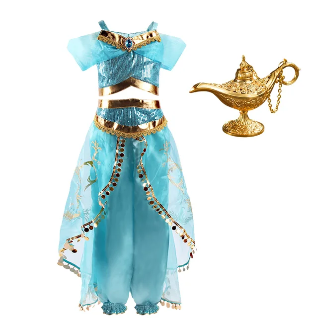 Girls Jasmine Dress Arabian Princess Costume Kids Birthday Party Christmas Fancy Dress Baby Jasmine Cosplay Costume 3-10 Years Dress and Magic lamp
