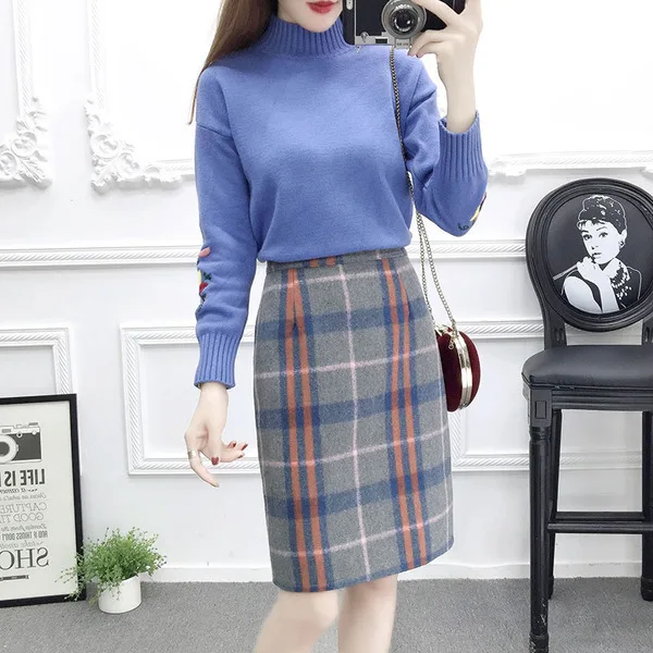 

2019 Spring And Autumn New Style Crew Neck Long-sleeved Pullover Sweater + High-waisted Plaid Woolen Cloth Skirt Two-Piece Set