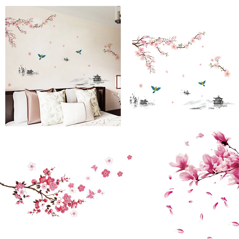 

PVC Wall Stickers Pink Peach Blossom Chinese Style Decal For Home Interior Butterflies Wall Decor Romantic DIY Poster