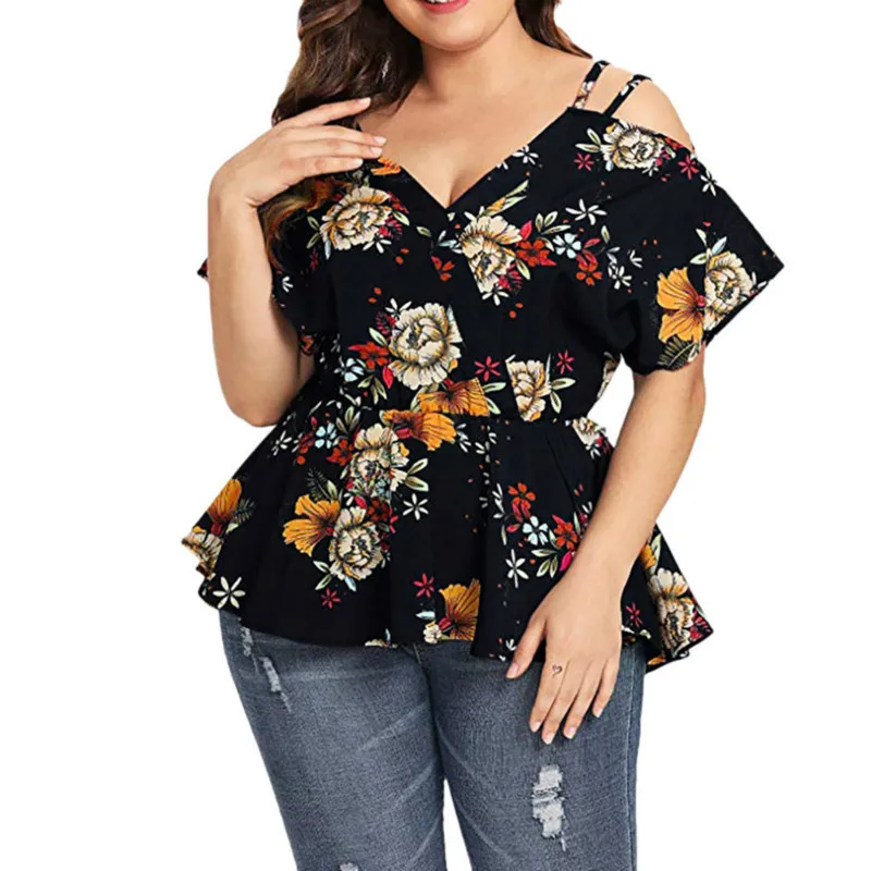 

XL-5XL Plus Size Vintage Women Blouses 2020 Floral Printed V-Neck Flare Sleeve Shirts Office Lady Elegant Sling High Waist Tops