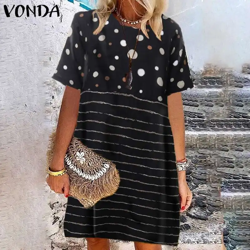 VONDA, богемное летнее платье, S-5XL, повседневное, свободное, круглый вырез, короткий рукав, в полоску, пэчворк, платья размера плюс, летнее женское платье - Цвет: Black