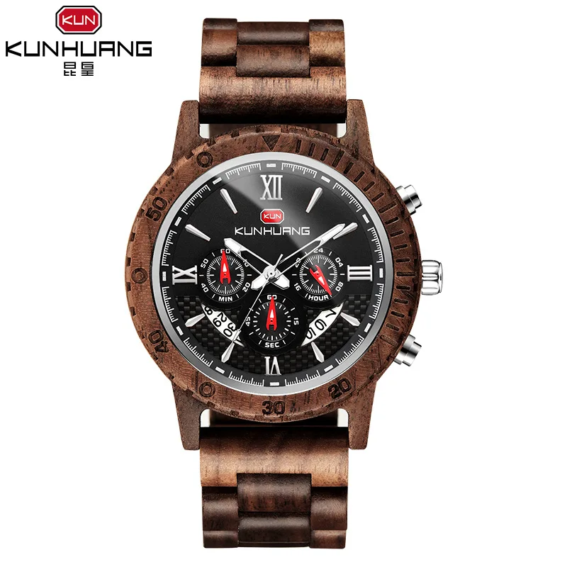Wooden Sport Fashion Men Watch Top Quality Chronograph Quartz Watches Clock Wooden  Watch JD-RD1014