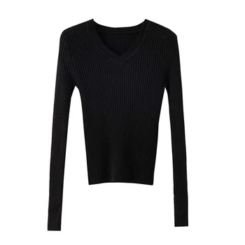 

Autumn Slim V-neck Long-sleeved Knit Pullover Fashion Casual Korean Style Solid Color Women's Sweater