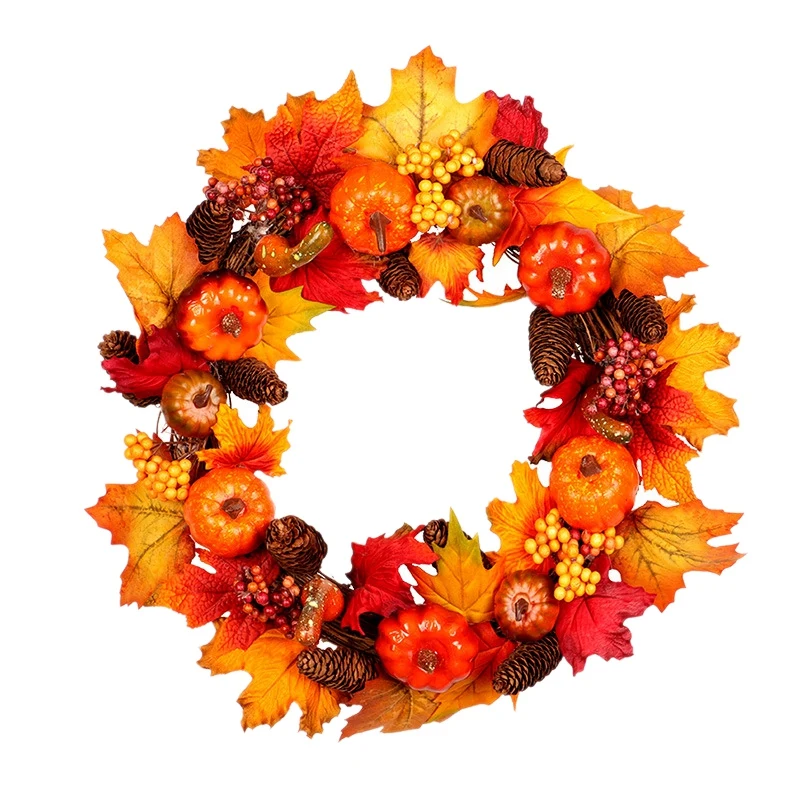 

60Cm Maple Leaf Pumpkin Berry Wreath Halloween & Christmas Door Home Decor Led Lights/ 60Cm