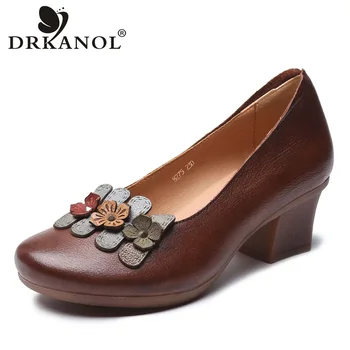 

DRKANOL Brand 2020 Vintage Shoes Woman Pumps Slip On Thick Heel Shoes Woman Quality Genuine Leather Flowers Shallow Casual Shoes