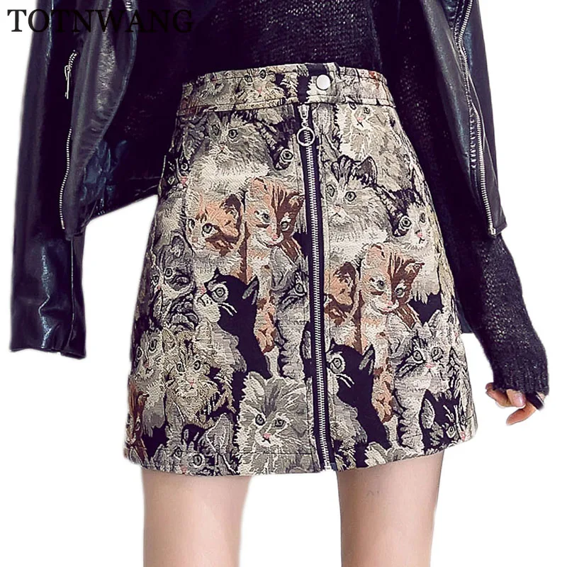

TOTNWANG Winter Vintage Embroidery Cat Mini Skirt Casual Zipper Lady Party Bag Hip Skirt 2019 New Slim High Waist Skirts Women
