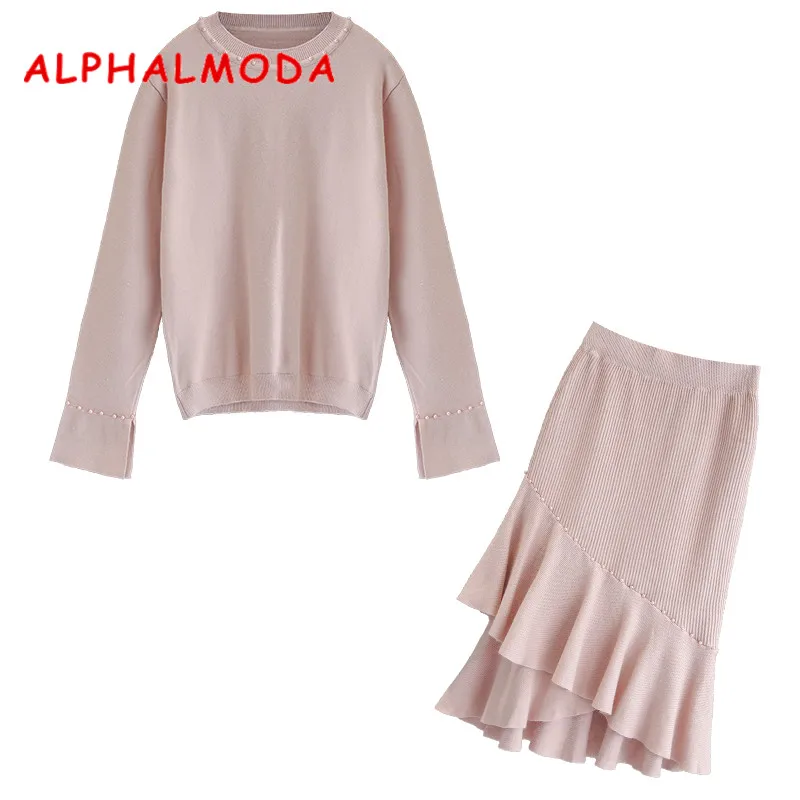 ALPHALMODA Зимний женский свитер с бисером гофрированная юбка женский элегантный костюм из 2 предметов Однотонный женский милый женский комплект