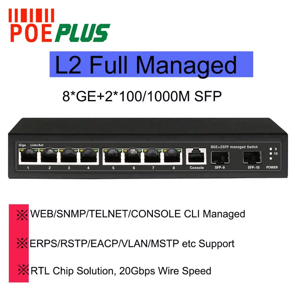 Полный Управляемый гигабитный сетевой коммутатор L2 8 портов с 2 портами SFP из