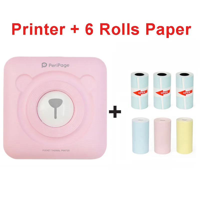 Мини портативный термальный Bluetooth принтер 58 мм Ручной Карманный фотопринтер для мобильного телефона Android iOS PeriPage Рождественский подарок - Цвет: Pink 6 Rolls Papers