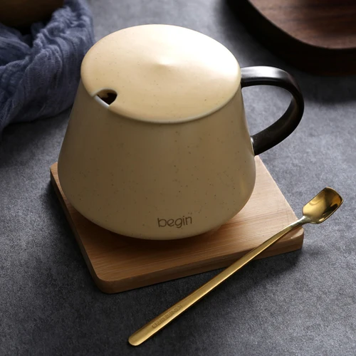 Керамический Cooffee Набор кружек с Ложка Крышка Скандинавская кофейная чашка молочная чашка для завтрака керамическая с крышкой офисная Пара кружка чашка для воды подарок - Цвет: YELLOW B SET
