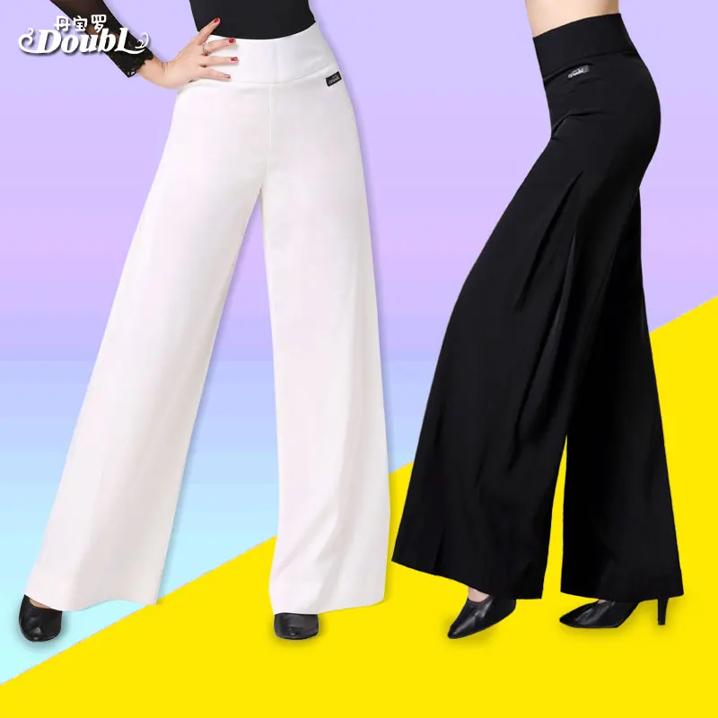 

Doubl Dance Trousers Black Palazzo Pants Modern White Adult Latin Ballroom Loose Wide Leg Wear Clothing Drape High Quality Waist