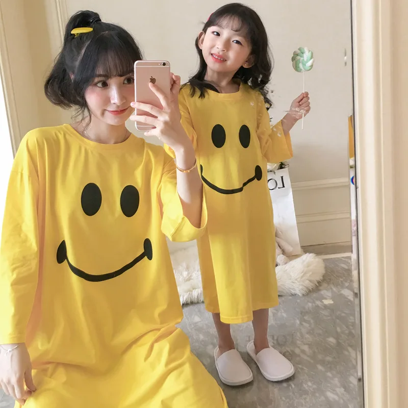 

Nightgown Women's Spring And Autumn Long Sleeve Pure Cotton Mother & Daughter Smiley Pajamas Parent And Child Kids Children Loos