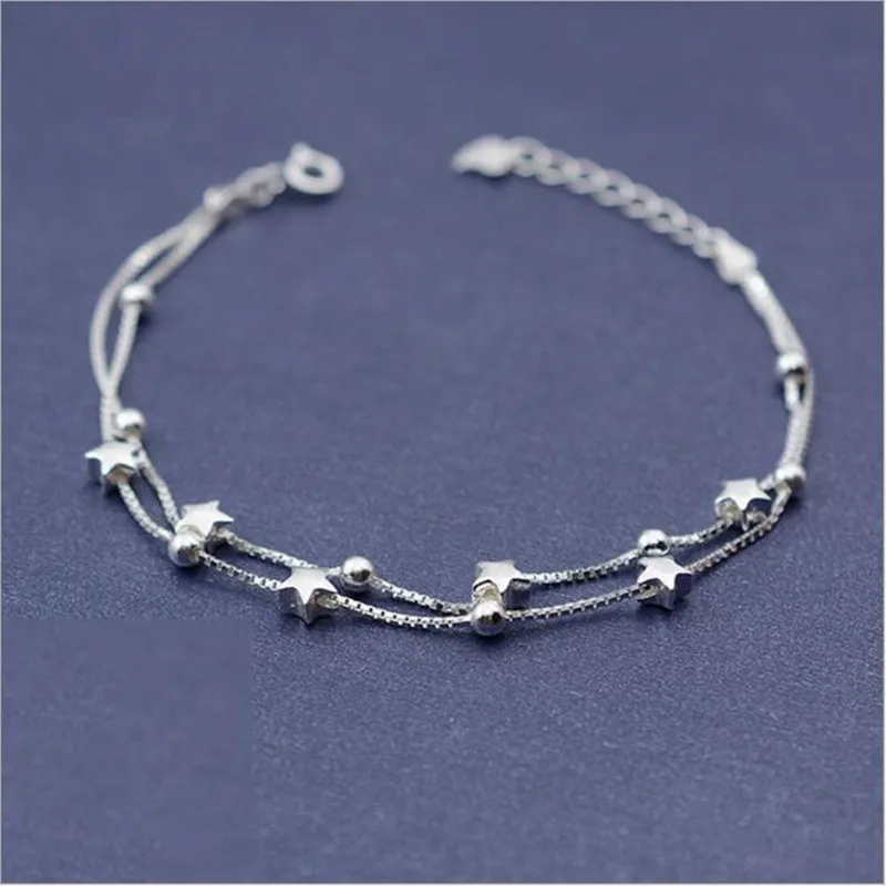 

Korean Fashion Multi-layer 925 Sterling Silver Jewelry Frosted Five-pointed Star Chain Box Female Bracelet