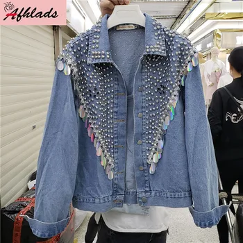 

Rivet Denim Jacket Female 2020 Spring New Beaded Korean Sequin Tassel Single-Breasted Streetwear Women Jacket Outerwear