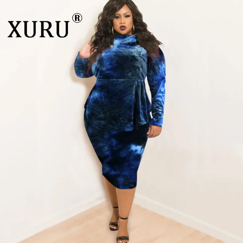 

XURU Autumn and Winter Tie-Dye Printed Dress Women's Classic Explosion Bowknot Long Sleeve Large Size Dress