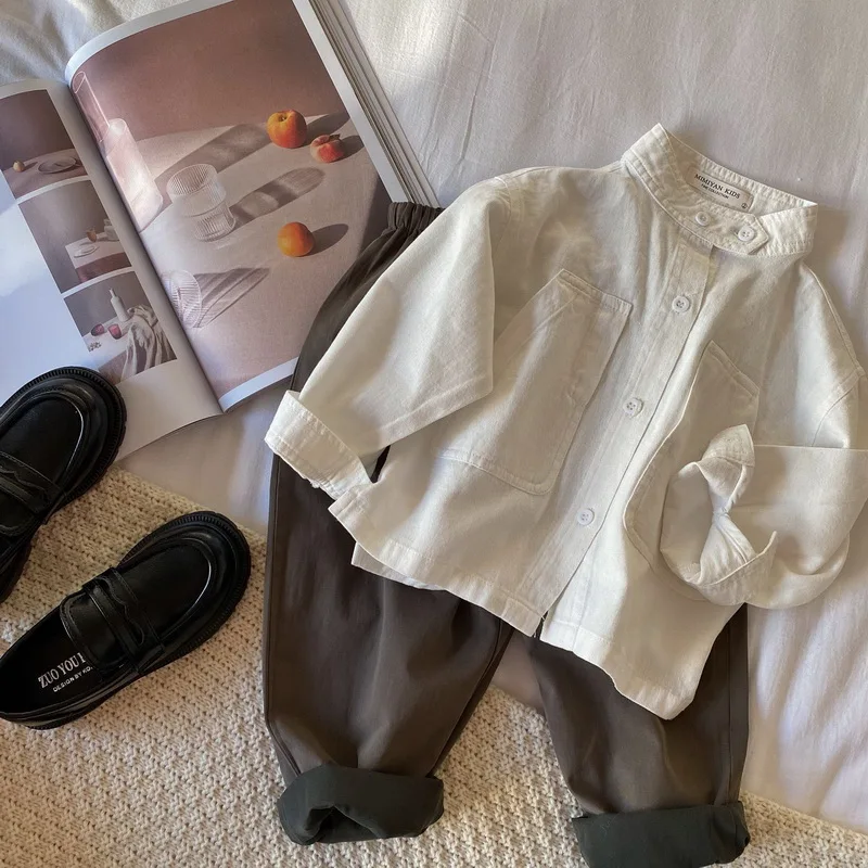 Baby Shirt New Korean style band collar Cotton Long Sleeve shirt coat Boys Girls Tops Baby Clothes 1-7Years E100269