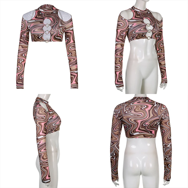 CIBBAR Wave Print Skinny Two Piece Set Women Cut Out Crop Top+Mini Skirt Matching Outfits Sexy Body-Shaping Fashion Hot Clubwear pink sweat suits