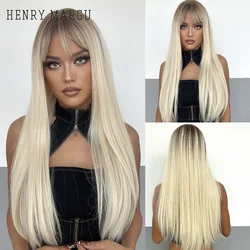HENRY MARGU Long Silk Straight Wigs Ombre Brown Platinum Blonde White Synthetic Wig with Bangs for Women Cosplay Heat Resistant