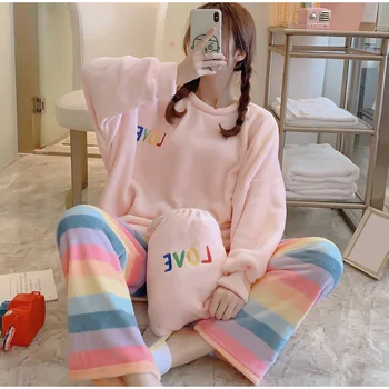 

Fruit Print Flannel Women's Pajama Sets Winter Cartoon Letter Women Pajamas Home Clothes 2020 Spring Warm pink Homewear Female