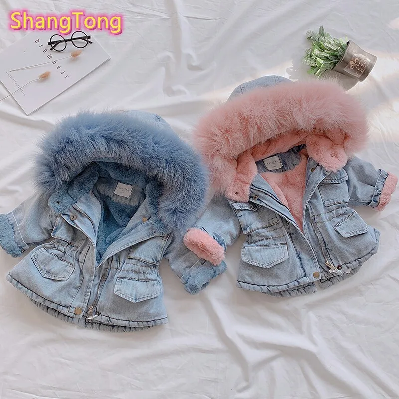 

ShangTong Kids Winter Jacket Denim Coat Hooded Plus Velvet Thicken Warm Toddler Unisex Cowboy Outerwear For Infant Girl 1-5 year