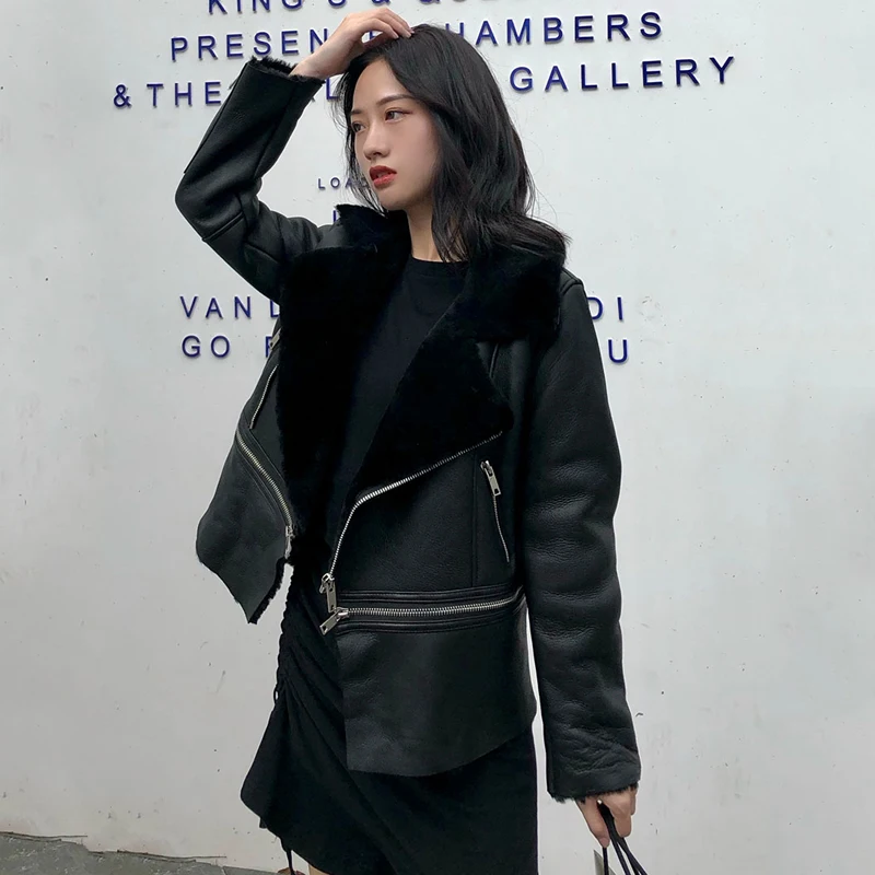 Fitaylor 2020 New Winter Women Sheepskin Coats Thicken Faux Leather Lamb Fur Jackets Hem Detachable Motorcycle Zipper Outerwear