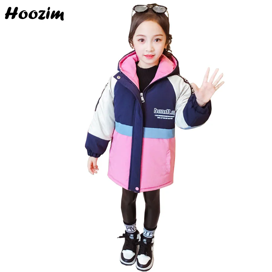 

Winter Fleece Quilted Jacket Girls 4-12 Years Fashion Hooded Colorblock Parka Children High Street Letter Outerwear Coat Girls